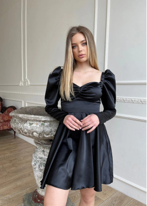 Long Sleeves Satin Ruched Bust Mini Party Dress